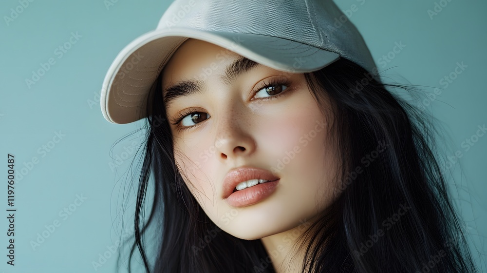 Young Woman with Dark Hair Wearing a White Baseball Cap Young Woman with Dark Hair Wearing a White Baseball Cap