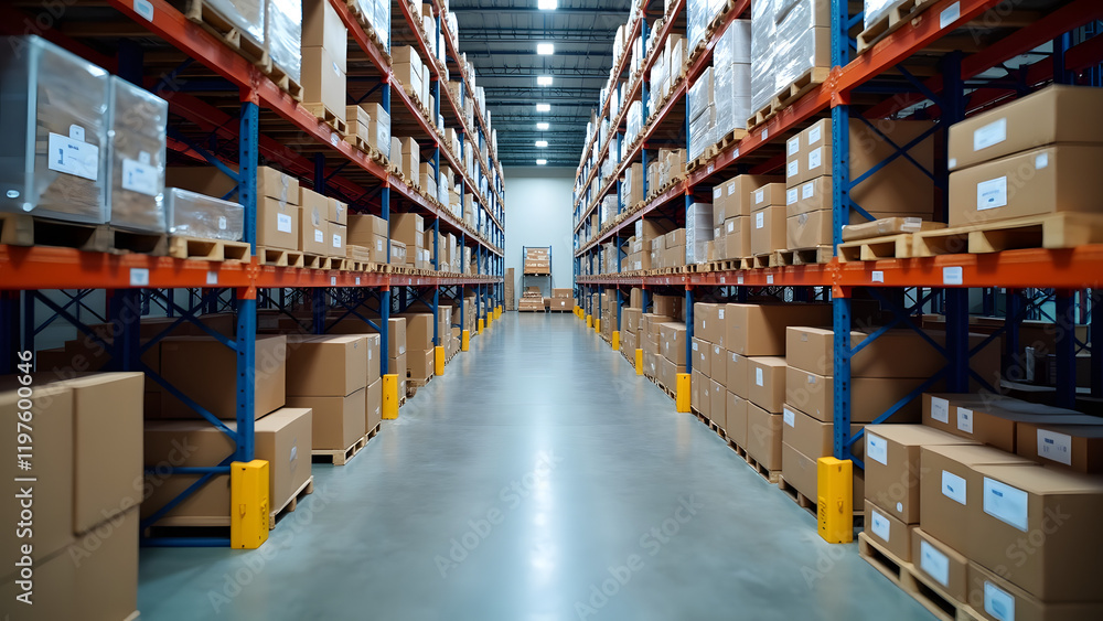 A large, well-stocked warehouse showcases efficient logistics and supply chain management with neatly arranged boxes and organized shelving A large, well-stocked warehouse showcases efficient logistics and supply chain management with neatly arranged boxes and organized shelving