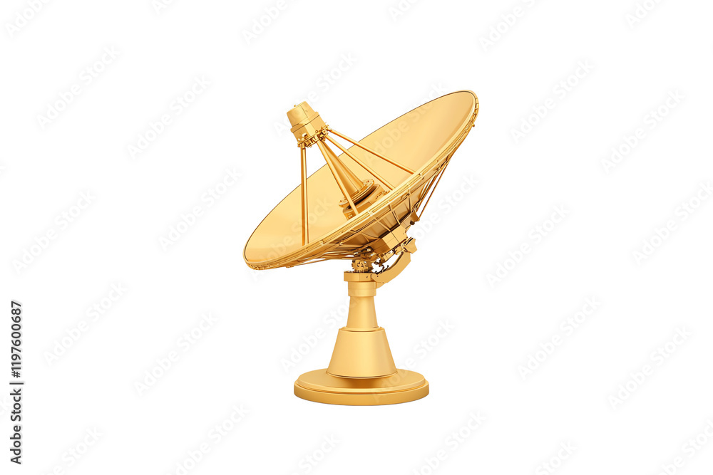 A golden satellite dish with a curved surface and adjustable mount, designed for communication and signal reception.