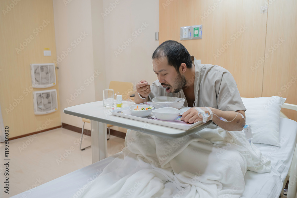 Obraz premium A Hospitalized Patient with Influenza and Gallstones, Receiving IV Therapy and Medications, Under Close Monitoring by Nurses, While Recovering from Abdominal Pain and Surgery