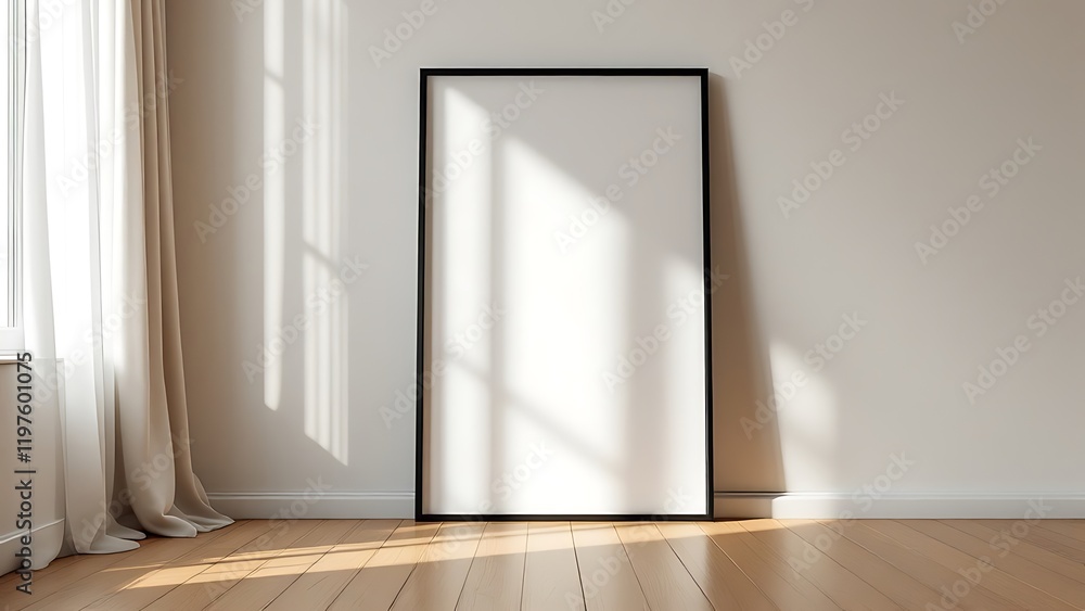 Fototapeta premium Frame mockup, paper size. Living room wall poster mockup. Interior mockup with house background. Modern interior design.