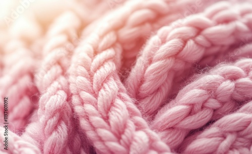 A detailed view of soft pink yarn showcases its delicate fibers and braided texture, creating a cozy ambiance perfect for textile displays. photo