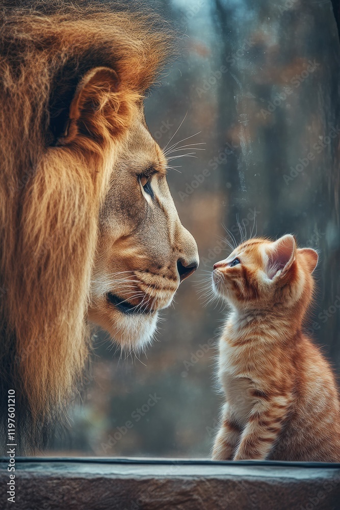 Fototapeta premium Curious kitten gazing up at a majestic lion, symbolizing innocence meeting power. The scene blends charm of youthful curiosity with awe inspiring presence of strength and authority.
