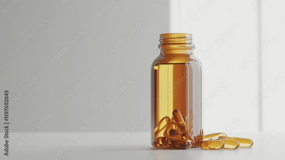 Amber Glass Bottle with Capsules on a Minimalist Surface Amber Glass Bottle with Capsules on a Minimalist Surface