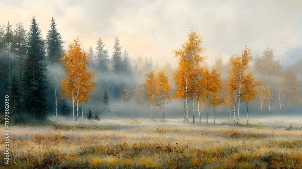 A foggy morning in a meadow with autumn trees lining A foggy morning in a meadow with autumn trees lining