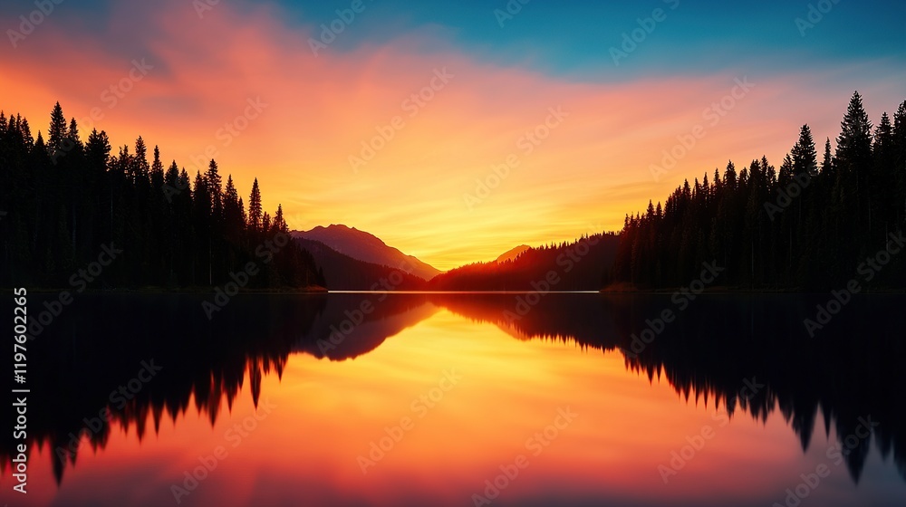 goal of life concept A stunning sunset over a calm lake, framed by silhouetted trees and mountains, reflecting vibrant colors in the water. goal of life concept A stunning sunset over a calm lake, framed by silhouetted trees and mountains, reflecting vibrant colors in the water.