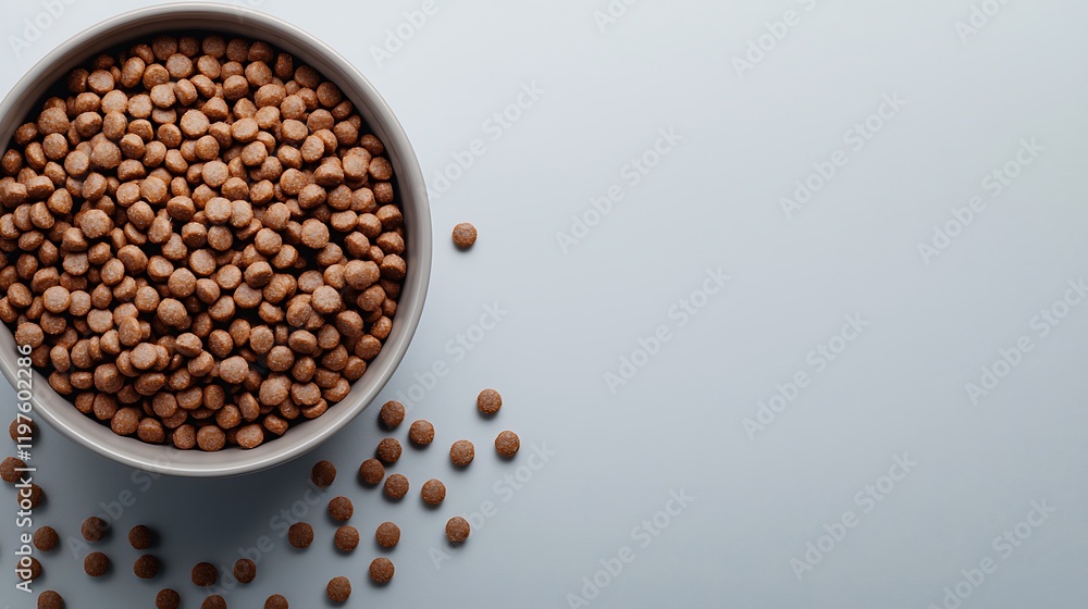 A soft, diffused light illuminating a ceramic bowl filled with dry kibble, surrounding pellets in an organized yet natural layout A soft, diffused light illuminating a ceramic bowl filled with dry kibble, surrounding pellets in an organized yet natural layout
