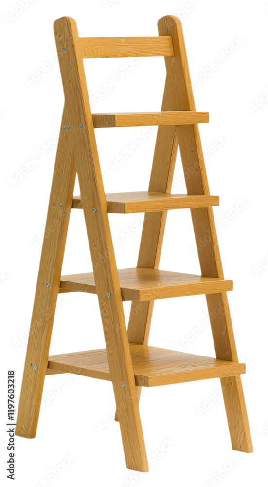 PNG A wooden step ladder with four rungs, designed for reaching higher spaces, featuring a sturdy build and a simple, functional design. PNG A wooden step ladder with four rungs, designed for reaching higher spaces, featuring a sturdy build and a simple, functional design.