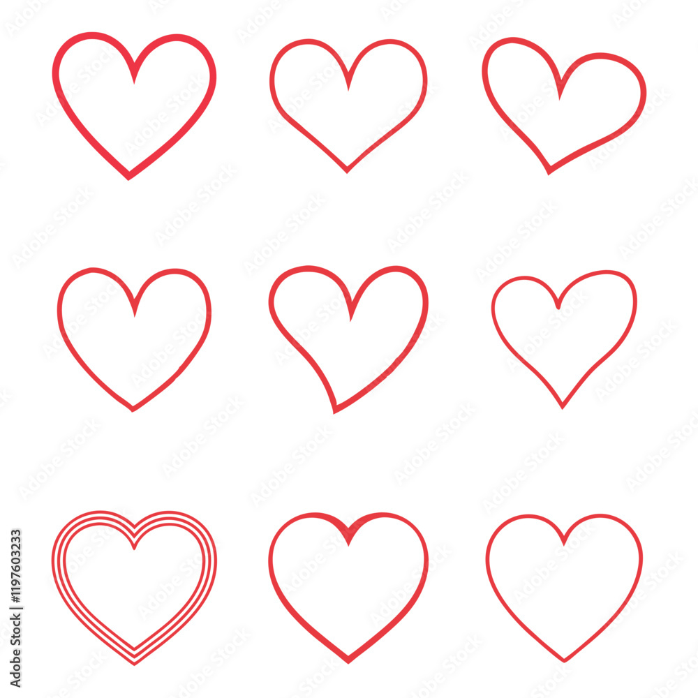 Hand drawn valentine heart shape icon set. Different type of heart for valentines day. valentine red heart with out line. Hand drawn valentine heart shape icon set. Different type of heart for valentines day. valentine red heart with out line.