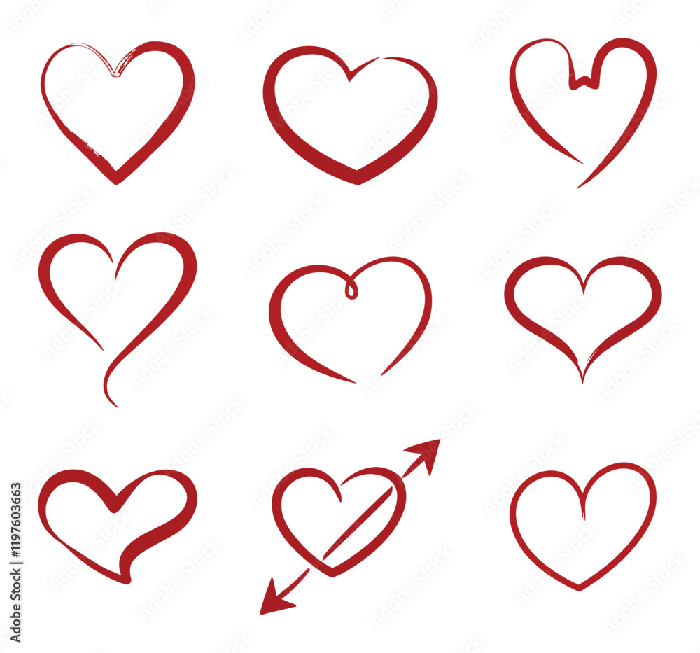 Hand drawn vector red heart shape icon set. Different type of heart for valentines day. valentine red heart with out line. Hand drawn vector red heart shape icon set. Different type of heart for valentines day. valentine red heart with out line.