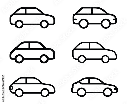 Car silhouette line icon set. vehicle, electric car, transportation, taxi, road, race, automobile and car rental icon set. Set of black modern shapes and Icons of Cars.