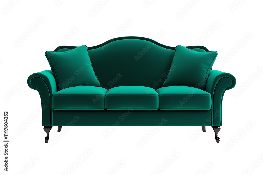 Fototapeta premium A plush, teal sofa featuring curved arms and two decorative pillows, exuding elegance and comfort.