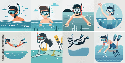 Vector set of a teenager diving or snorkeling in the sea with a simple and minimalist flat design style, white background