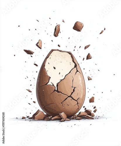 A cracked chocolate egg with fragments flying around it against a white background.
