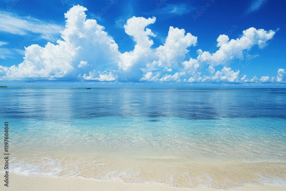 Fototapeta premium Beautiful serene ocean view with clear blue water and fluffy clouds in the sky suitable for text overlay. Generative AI