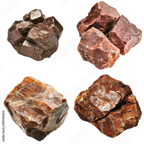 Group of various shaped rocks arranged on a sandy surface under natural sunlight on white background , cut out. photo