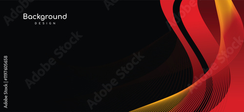 Black background with red yellow gradient waves. Vector futuristic background copy space for banner or poster