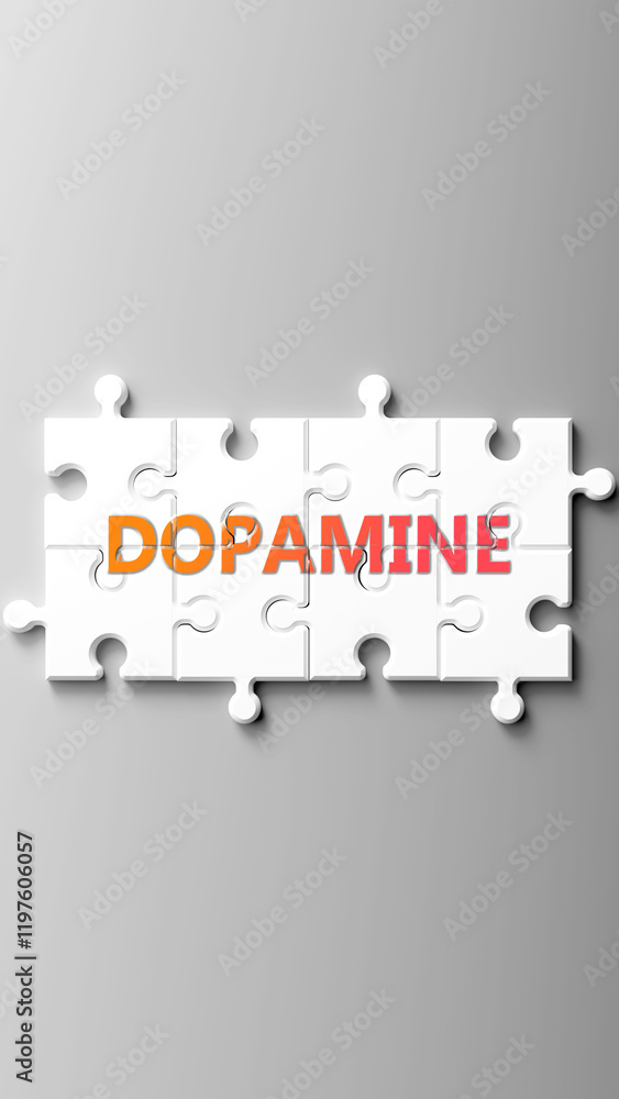Φωτογραφία Dopamine complex like a puzzle - pictured as word dopamine on a puzzle pieces to show that dopamine is complex and needs cooperating pieces that fit together