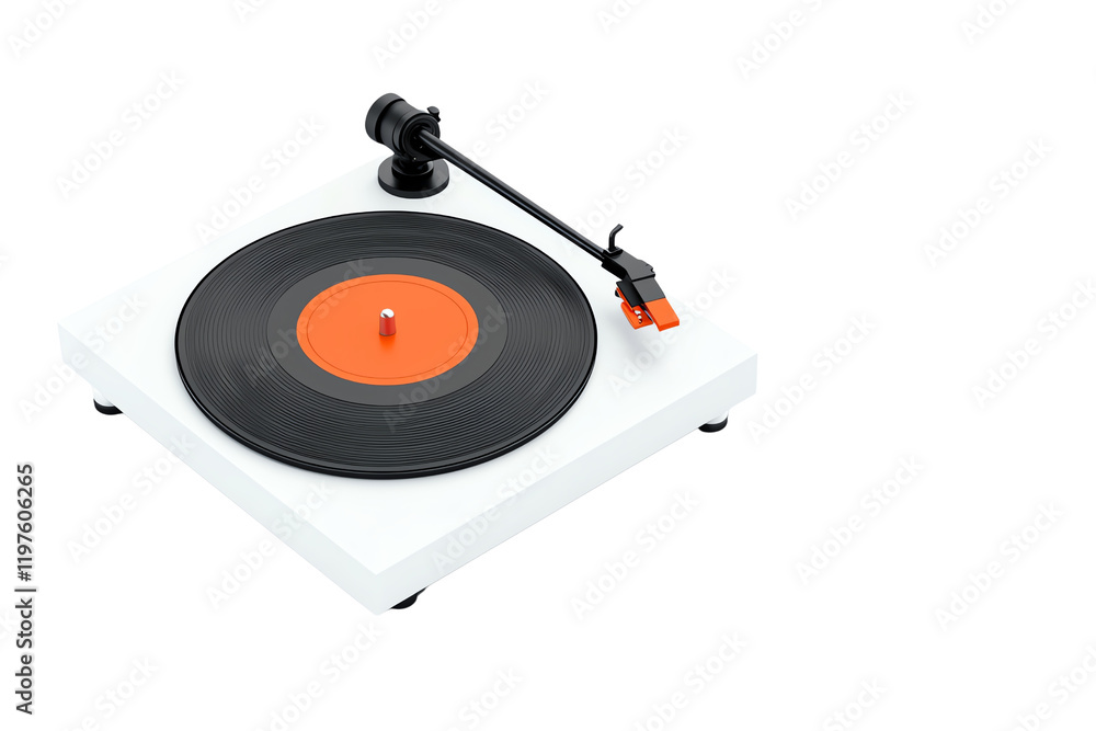 Fototapeta premium A modern turntable featuring a black vinyl record with an orange center, designed for high-quality audio playback.