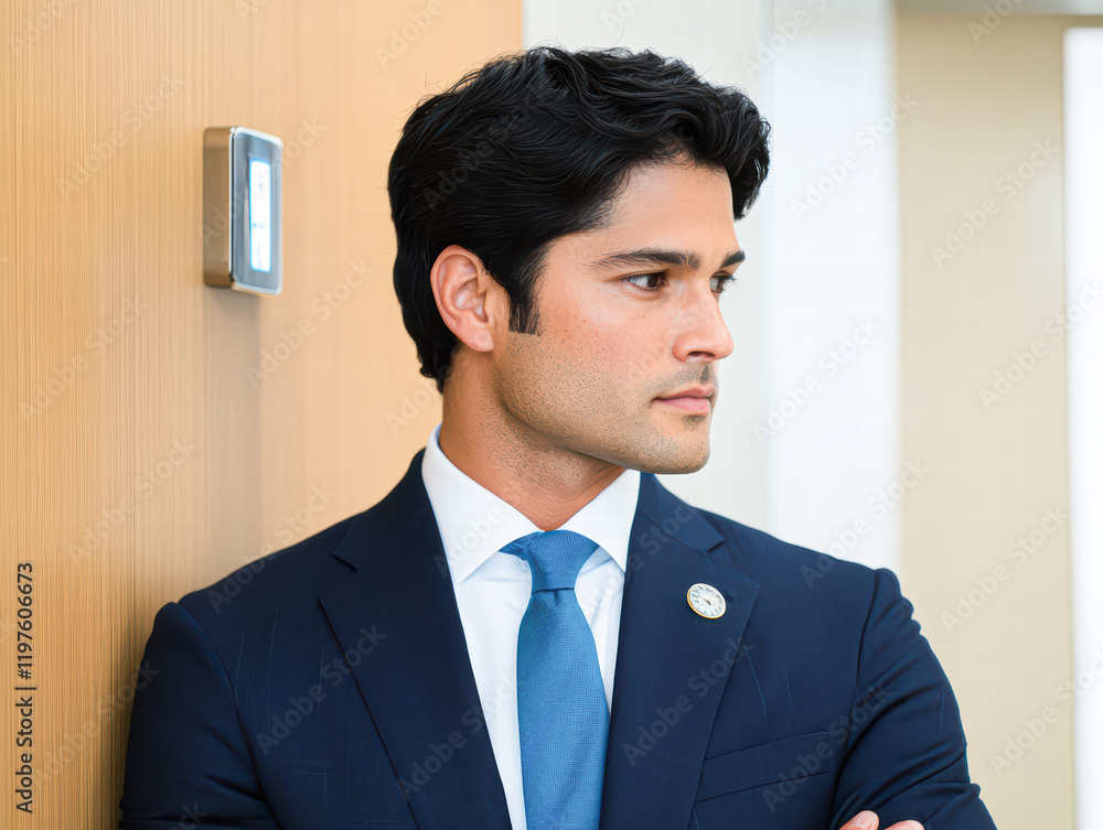 Business professional in office strategic meeting modern environment focused view career advancement Business professional in office strategic meeting modern environment focused view career advancement