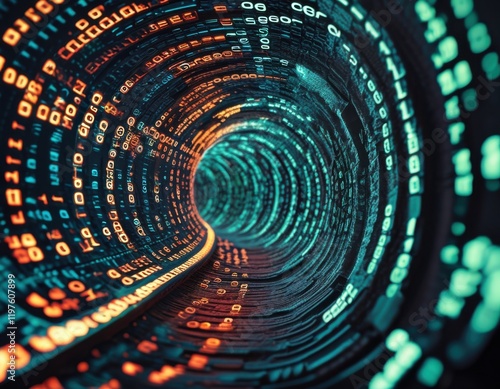 Glowing Digital Data Tunnel in Cyberspace  inside AI