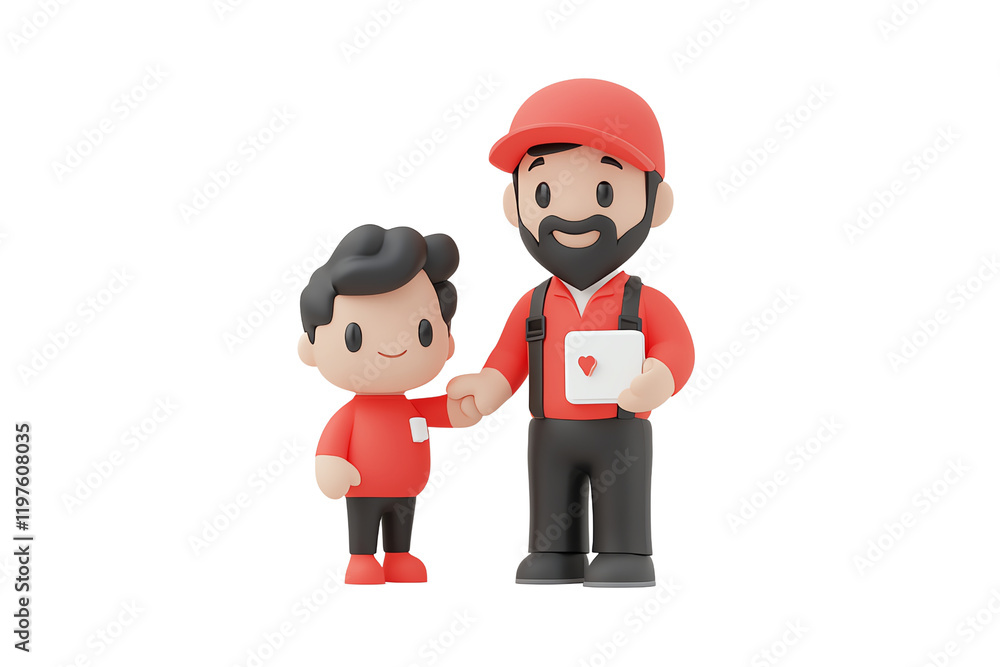 A cheerful father and son duo, both in red outfits, holding hands with the father presenting a card featuring a heart symbol. A cheerful father and son duo, both in red outfits, holding hands with the father presenting a card featuring a heart symbol.