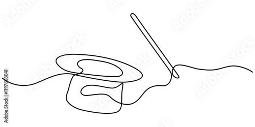 Single continuous line drawing magic hat and wand that a magician needs for a magic show. Two tools that are always there in every magician. Single one line drawing the magic hat was turned upside.