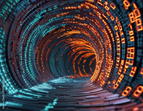 Glowing Digital Data Tunnel in Cyberspace  inside AI