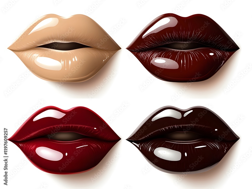 Four glossy lips display various shades of lipstick Four glossy lips display various shades of lipstick