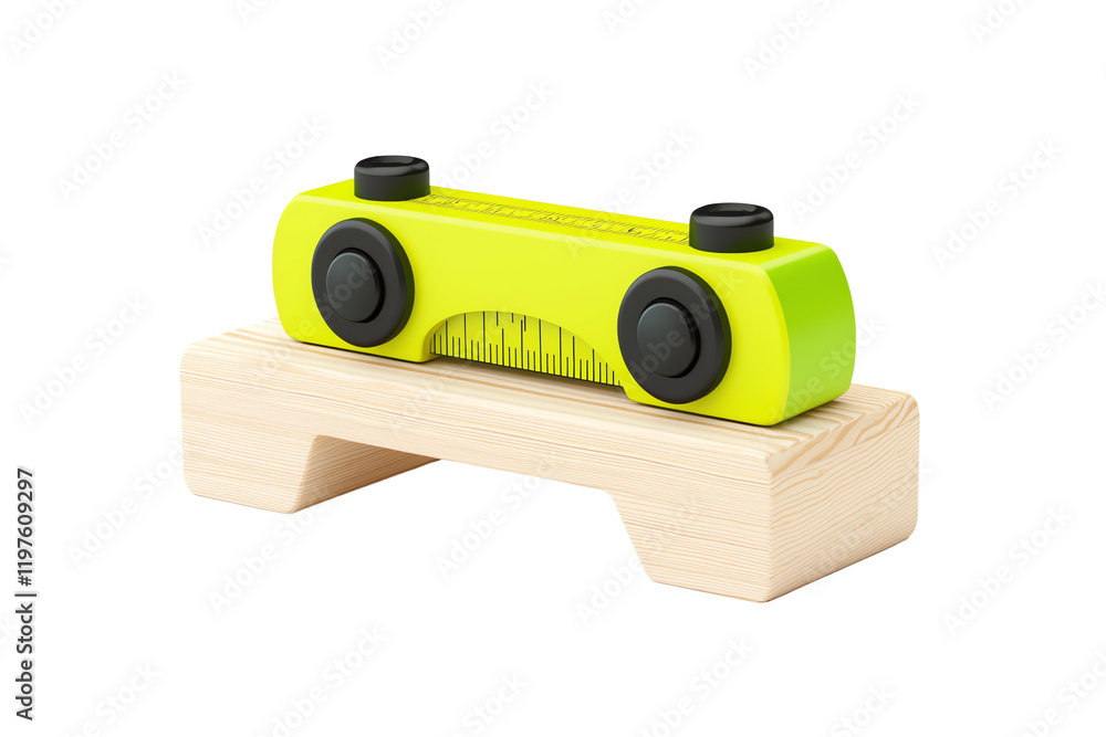 A bright yellow toy with two black buttons sits atop a wooden base, designed for interactive play. A bright yellow toy with two black buttons sits atop a wooden base, designed for interactive play.