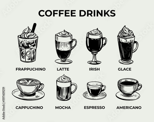 Set of illustrations of coffee drinks, cappuccino, americano, latte, mocha, irish. Vector sketch, hand drawn