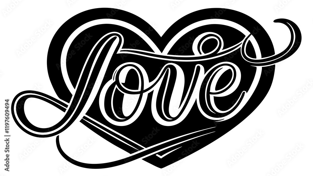 Minimalist Black and White Heart Illustration with Cursive Love Text for Valentine's Day Minimalist Black and White Heart Illustration with Cursive Love Text for Valentine's Day