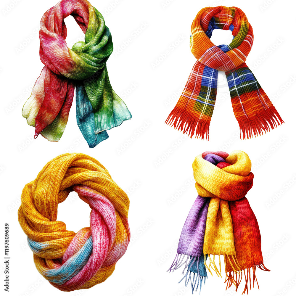 Naklejka premium Four colorful scarves arranged on a black background showcasing various patterns and textures for fashion on white background , cut out.