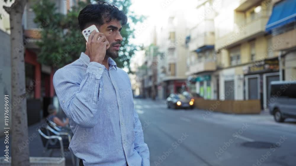 Young man talking on smartphone on an urban street, dressed casually in a blue shirt, showcasing a confident demeanor against a city backdrop with outdoor seating and parked vehicles. Young man talking on smartphone on an urban street, dressed casually in a blue shirt, showcasing a confident demeanor against a city backdrop with outdoor seating and parked vehicles.