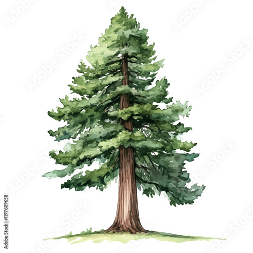 A watercolor of a redwood tree, isolated on a white background. Redwood tree vector.
