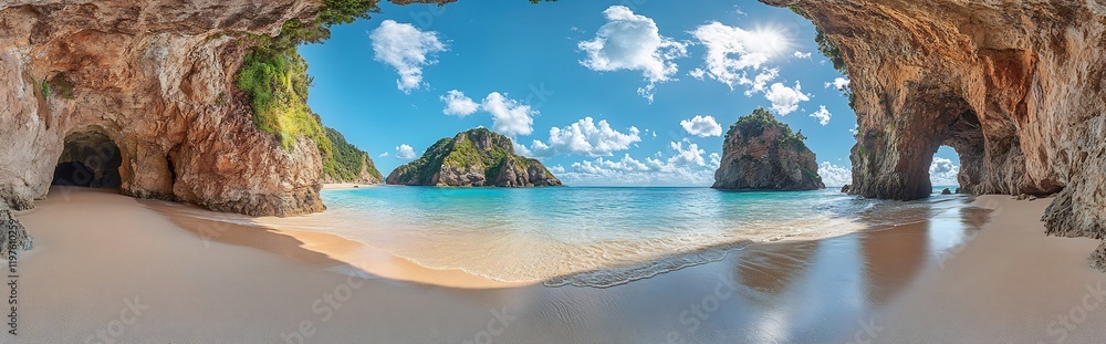Fototapeta premium Secluded Beach Paradise: A Panoramic View from a Cave