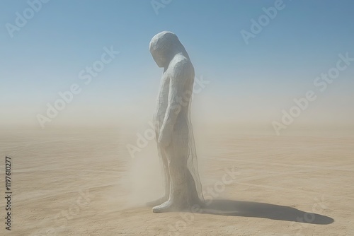 A lonely sculpture stands in the vast desert landscape. photo