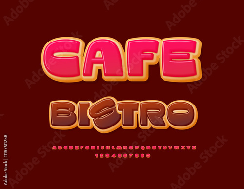 Vector Sweet Signboard Cafe Bistro. Tasty Cake style Font. Delicious Donut Alphabet Letters and Numbers set.