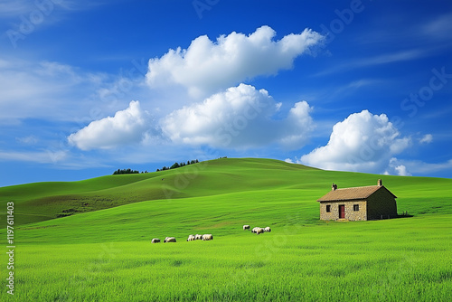 Idyllic Countryside Scenes with Stone Cottages, Green Pastures, and Grazing Sheep