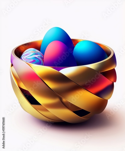 Colorful eggs nestled in a decorative golden bowl. photo