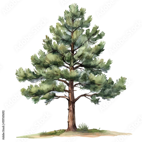 A watercolor illustration of a Ponderosa Pine tree, isolated on a white background. Ponderosa Pine tree vector.
