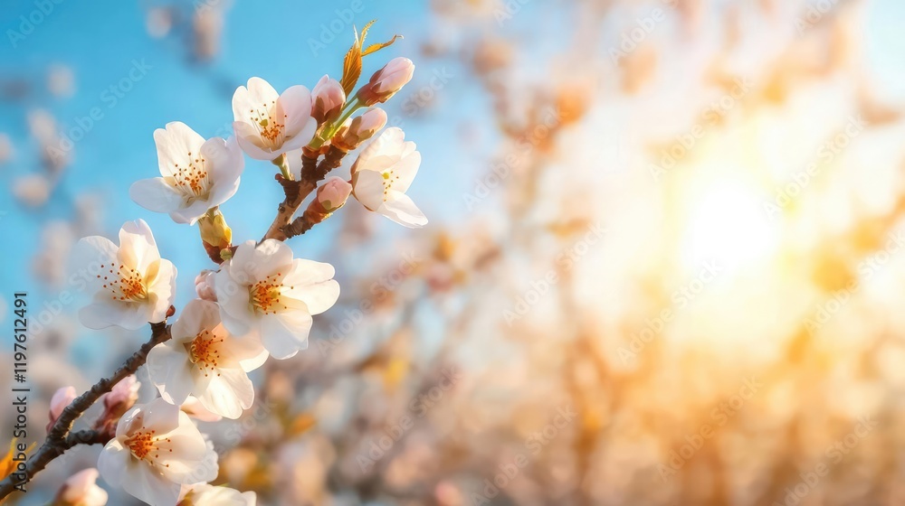 Spring blossoms backlit by sunset, orchard background, nature scene for calendar Spring blossoms backlit by sunset, orchard background, nature scene for calendar