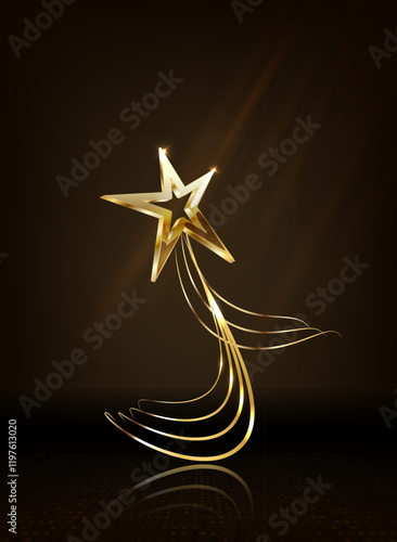 Trophy gold star on podium with ribbon elements and glitter light effects decorations and bokeh. Vector illustration.