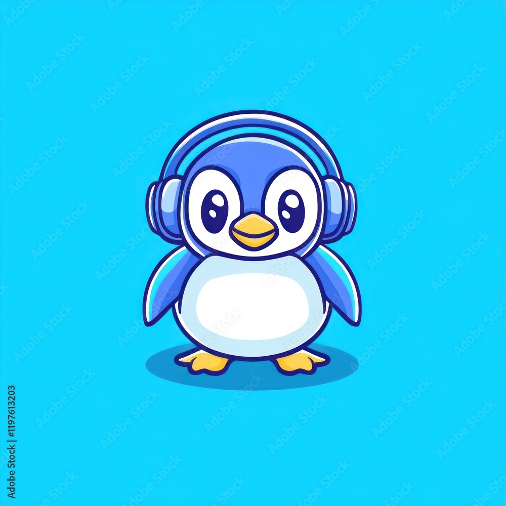 Obraz premium Cute penguin listening music, blue background, illustration, kids