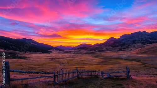 Wallpaper Mural Vibrant sunrise over mountain valley, wooden fence foreground, nature scene, ideal for travel, landscape posters Torontodigital.ca