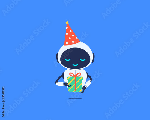 Cute smiling robot holding present in box. Vector illustration for technology, AI or celebration designs