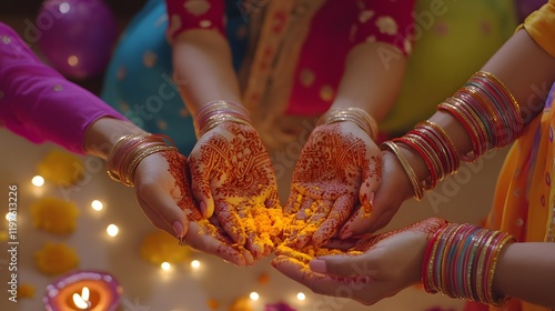 Women with henna hands hold turmeric powder during a Diwali celebration.  Candles and festive decorations surround them, creating a warm, spiritual atmosphere. photo