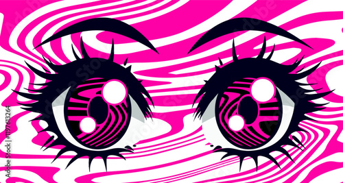 Bold fashionable graphic vector illustration of a pair of pink anime eyes of a female character for t-shirt printing.