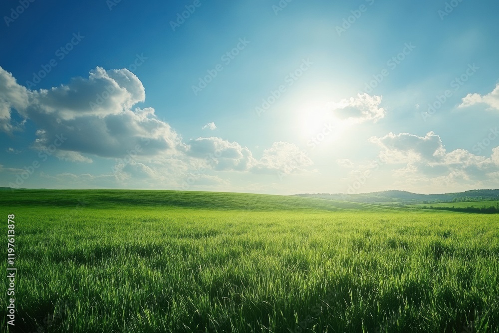 Vast green field under a bright sky with fluffy clouds and the sun shining in the afternoon. Generative AI Vast green field under a bright sky with fluffy clouds and the sun shining in the afternoon. Generative AI
