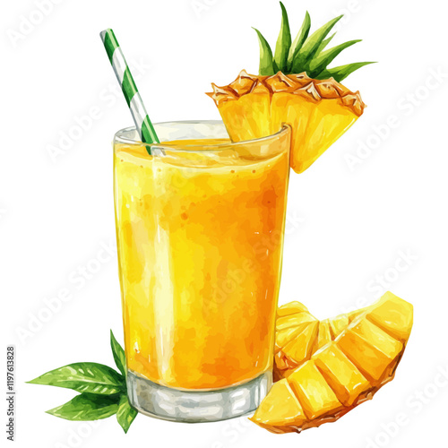 A watercolor of pineapple coconut juice, isolated on a white background. Pineapple coconut juice vector.

